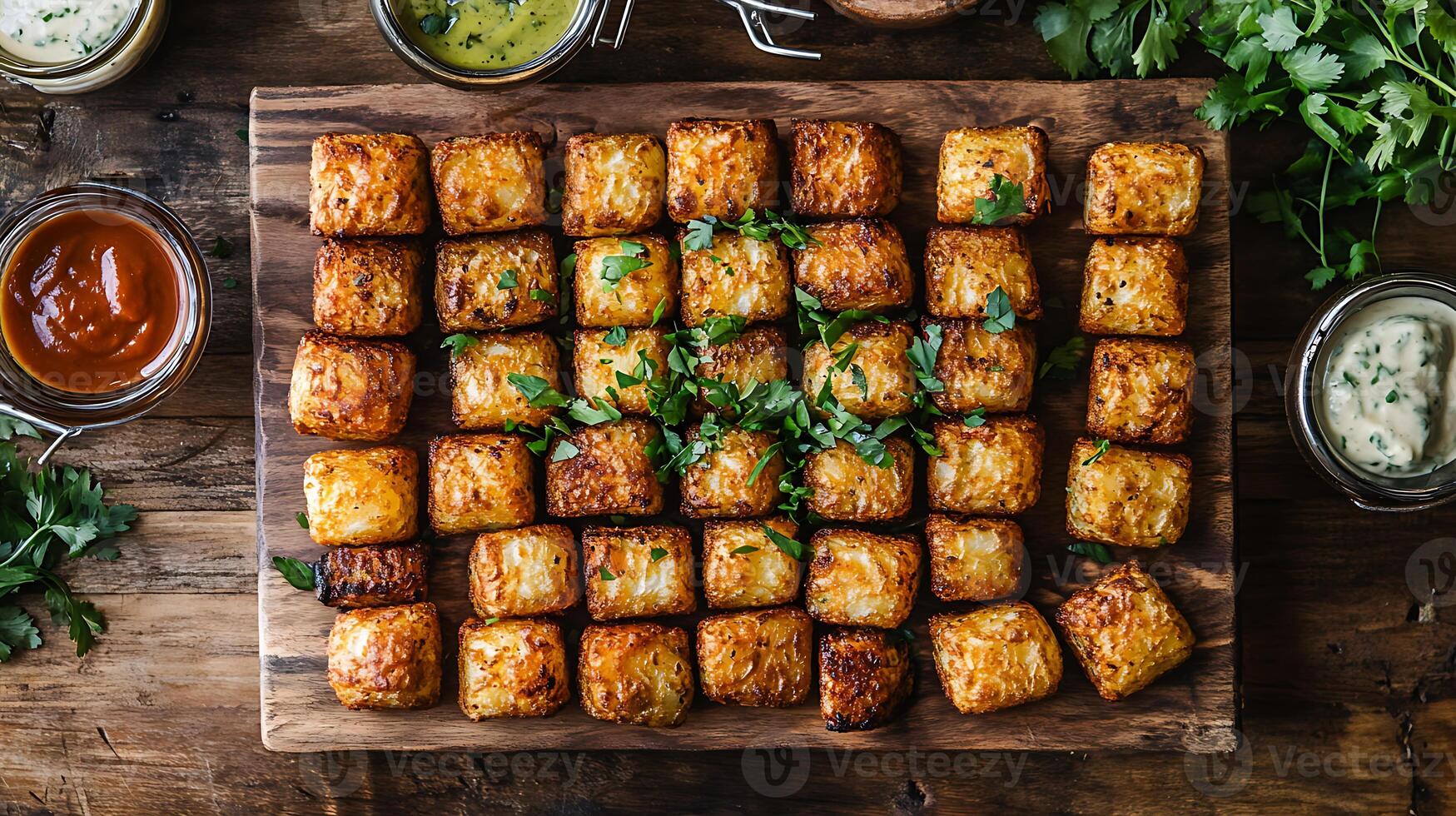Tater tots on a rustic wooden platter, with dipping sauces and fresh herbs photo