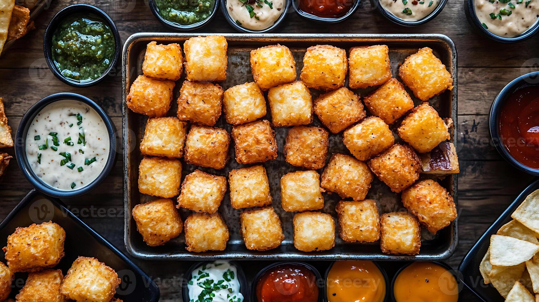 A tray of tater tots with dips and sauces photo