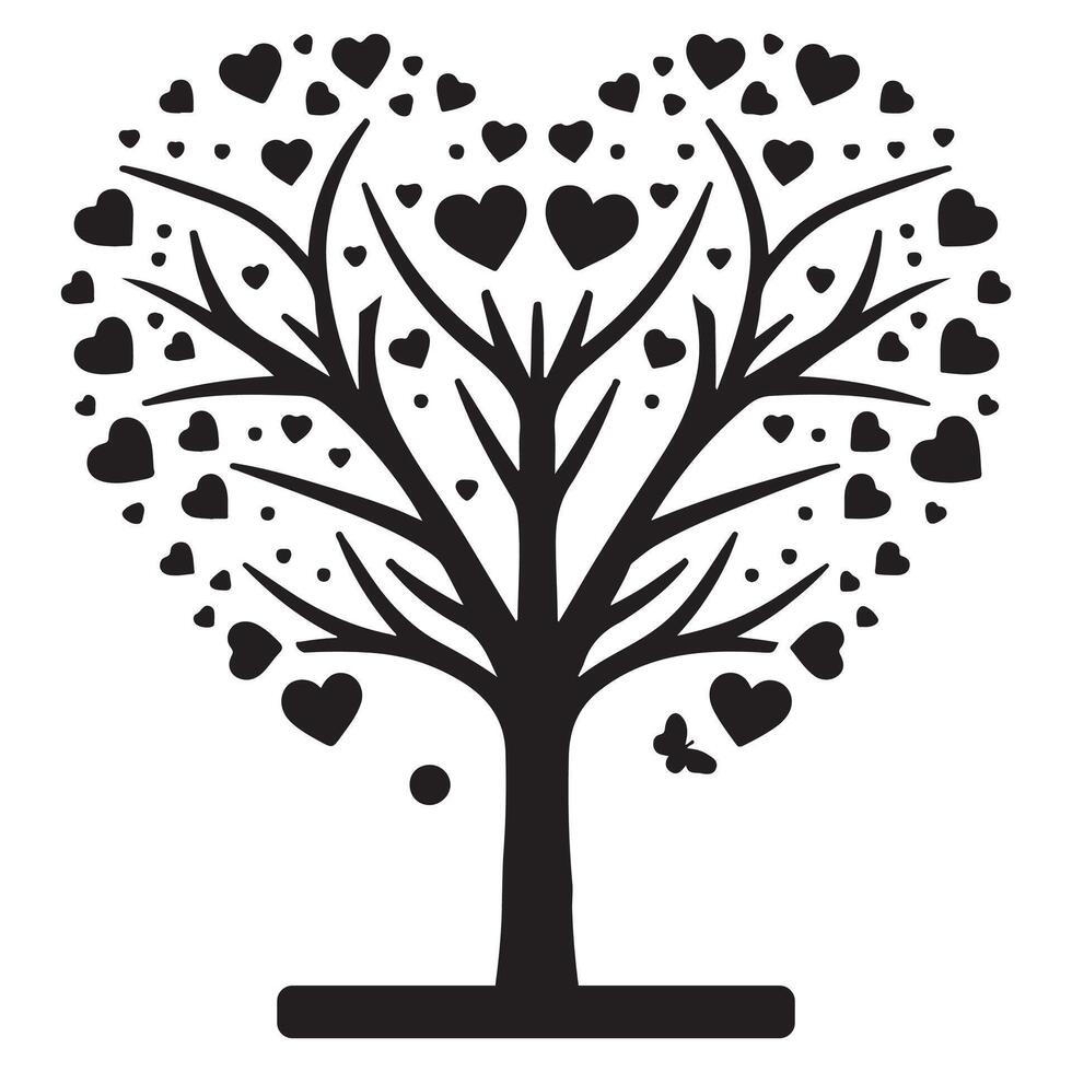 Heart shaped tree with love themed silhouette design vector