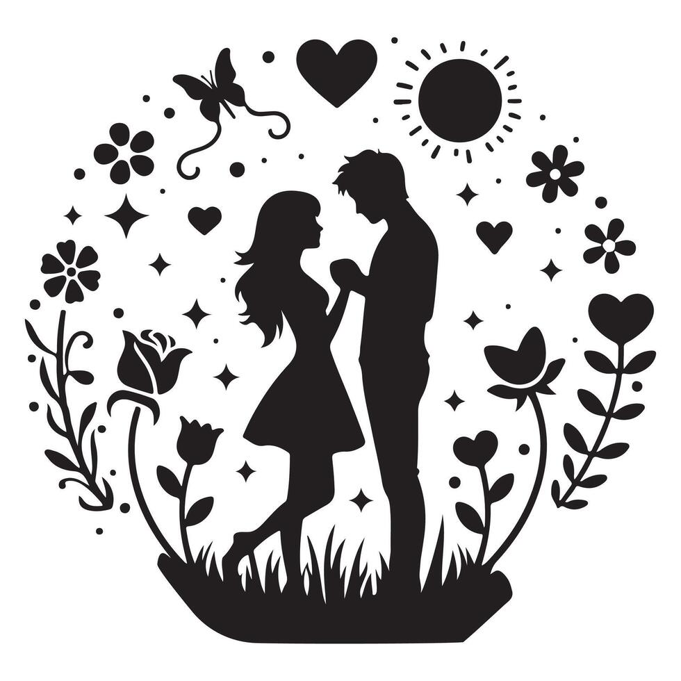 Couple in love and romance in nature valentines day silhouette design element vector