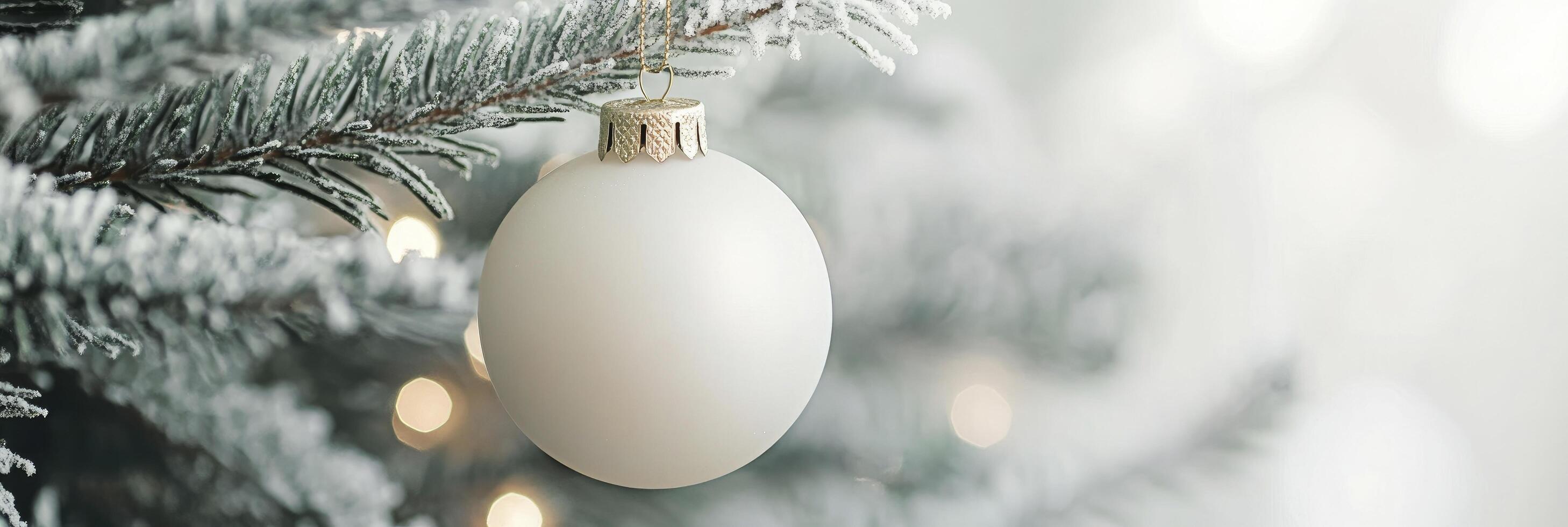 A white Christmas ornament hanging on the tree, close-up, isolated on a light grey background with copy space. photo