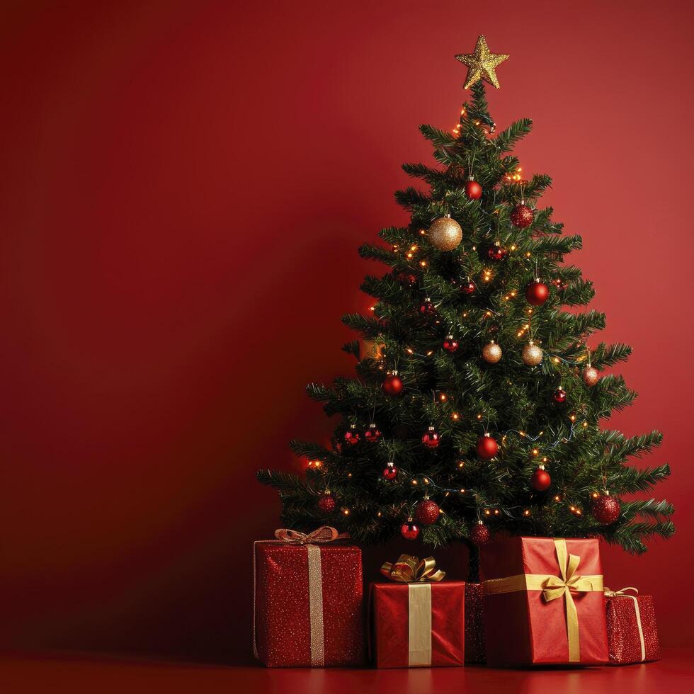A large Christmas tree with a star on top and many red ornaments. Boxes of gifts are placed around the tree photo