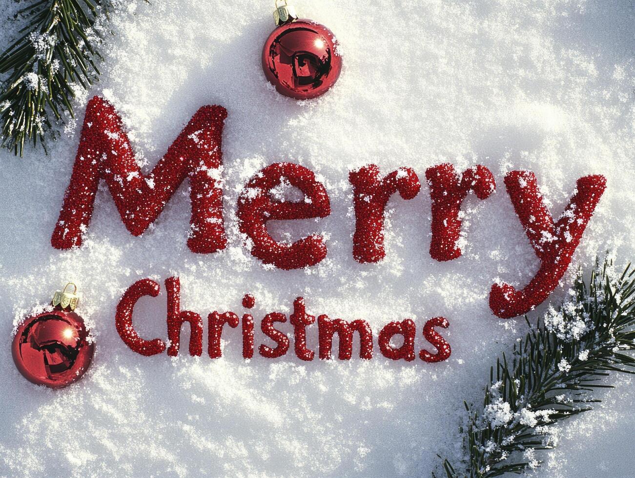 Merry Christmas is written in red letters on a snowy surface photo