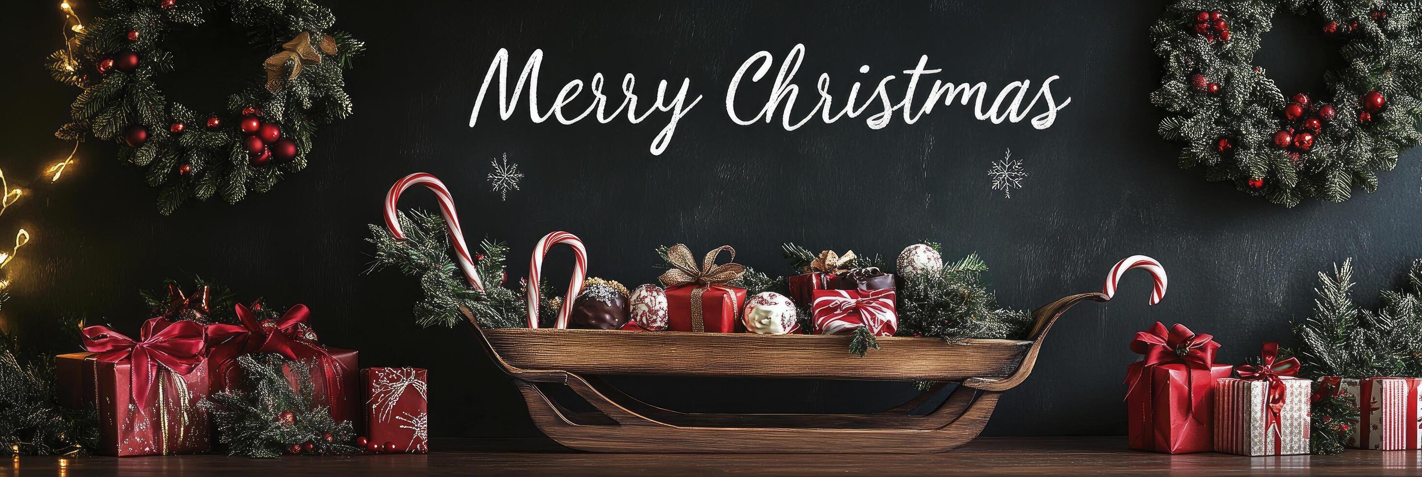 Merry Christmas is written on a blackboard with a Christmas tree photo