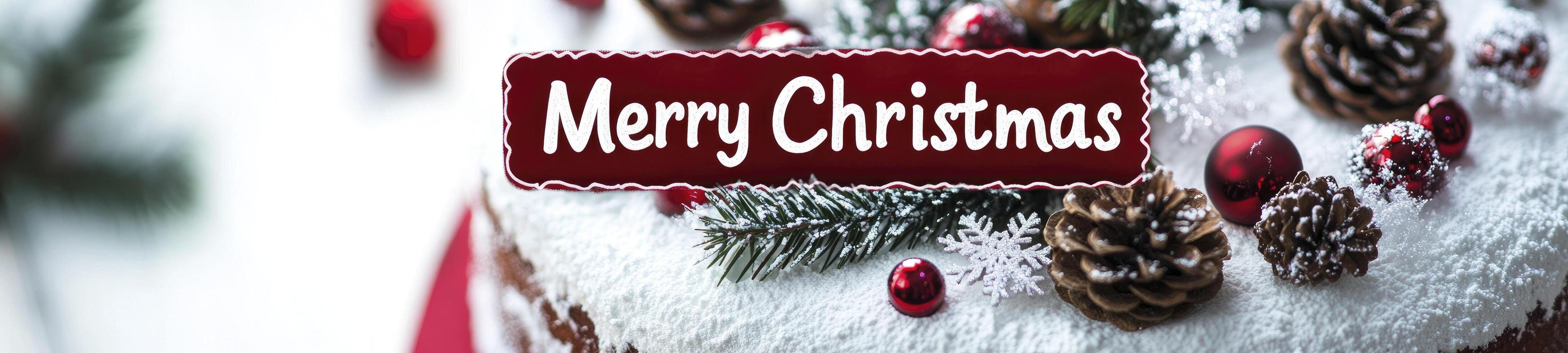 White background, red and white lettering Merry Christmas in the middle of a festive cake decorated with snowflakes and pine cones photo