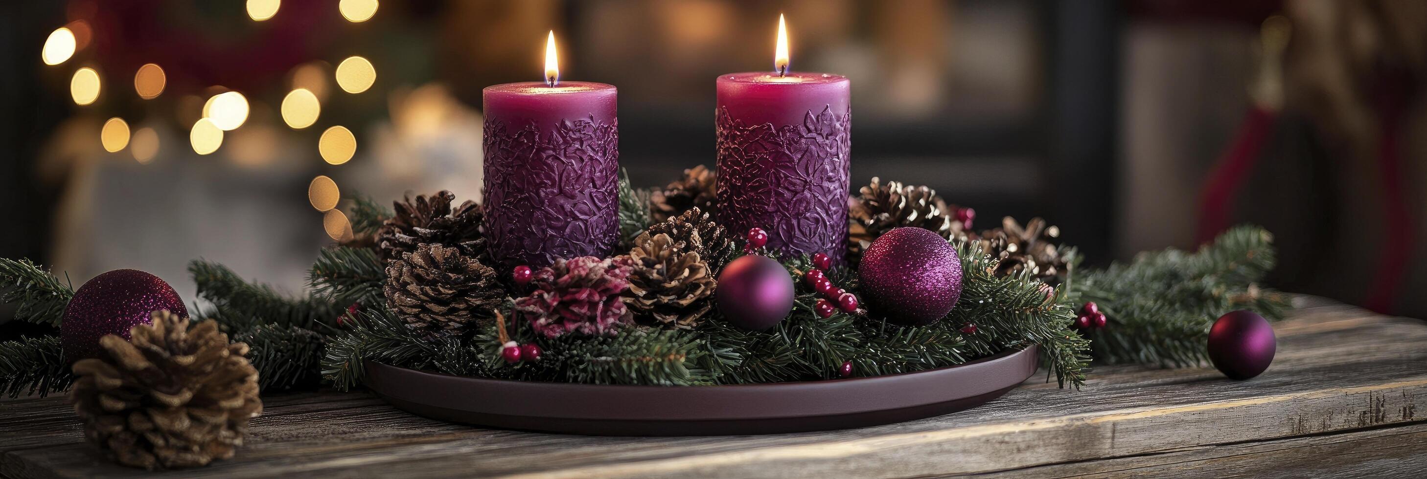 Two candles are lit on a wreath of pine needles photo