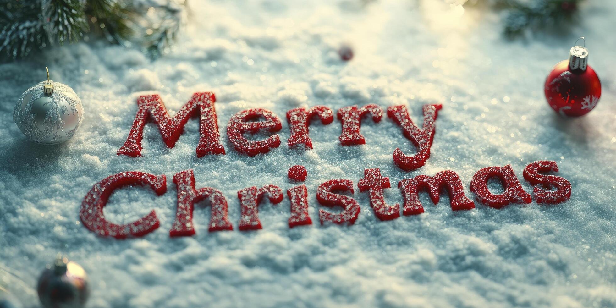 Merry Christmas is written in red letters on a snowy surface photo