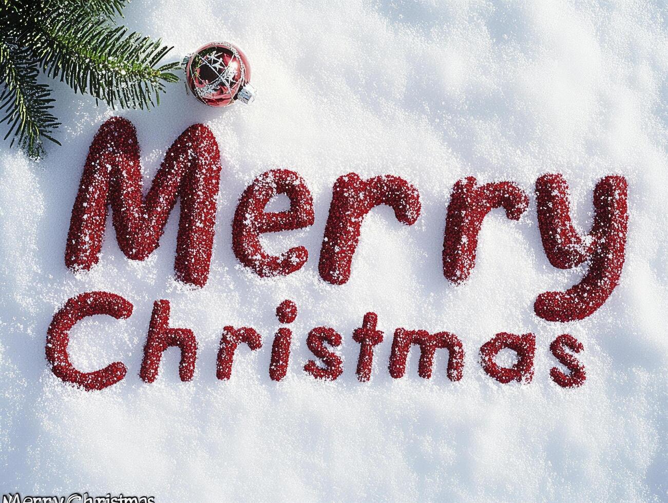 The word Merry Christmas written in red on white snow, with Christmas decorations around it. photo