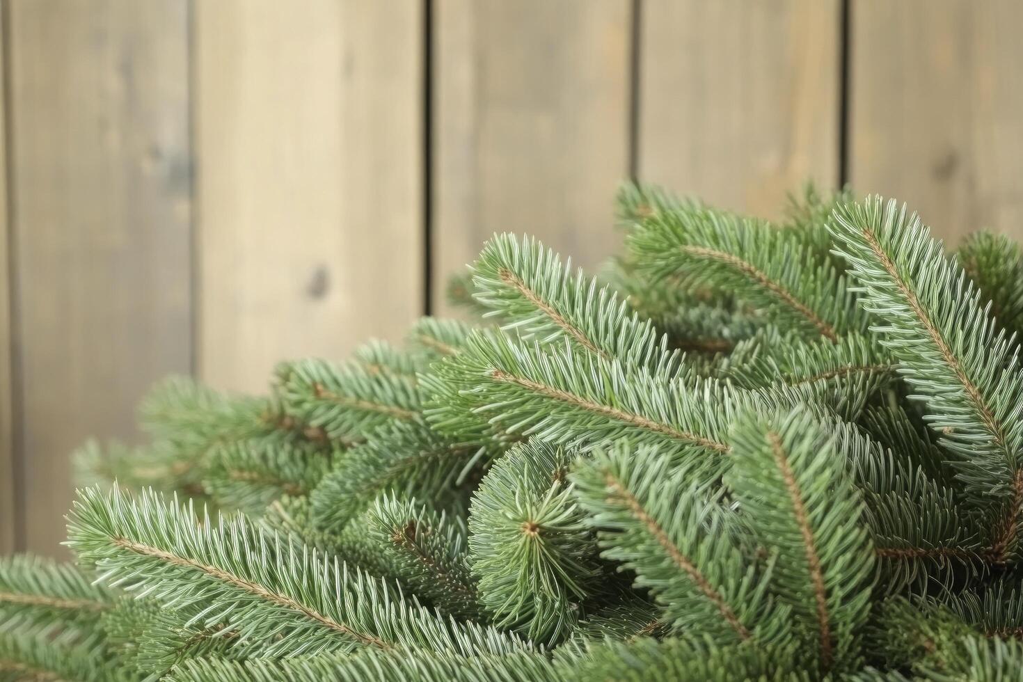 A bunch of green pine needles are on a wooden surface. The needles are arranged in a way that they are not touching each other photo