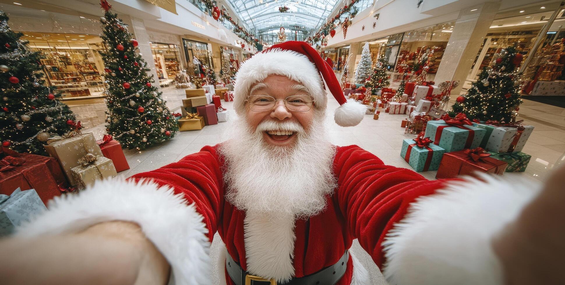 A smiling Santa Claus is taking a selfie in a mall. The scene is festive and cheerful, with many Christmas decorations and presents around him photo
