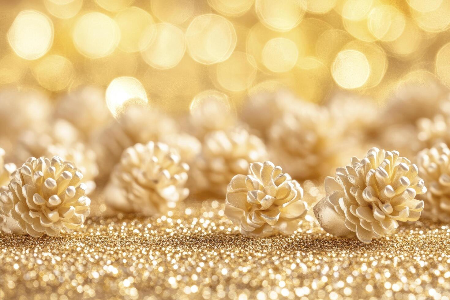 A bunch of pine cones are scattered on a gold background photo
