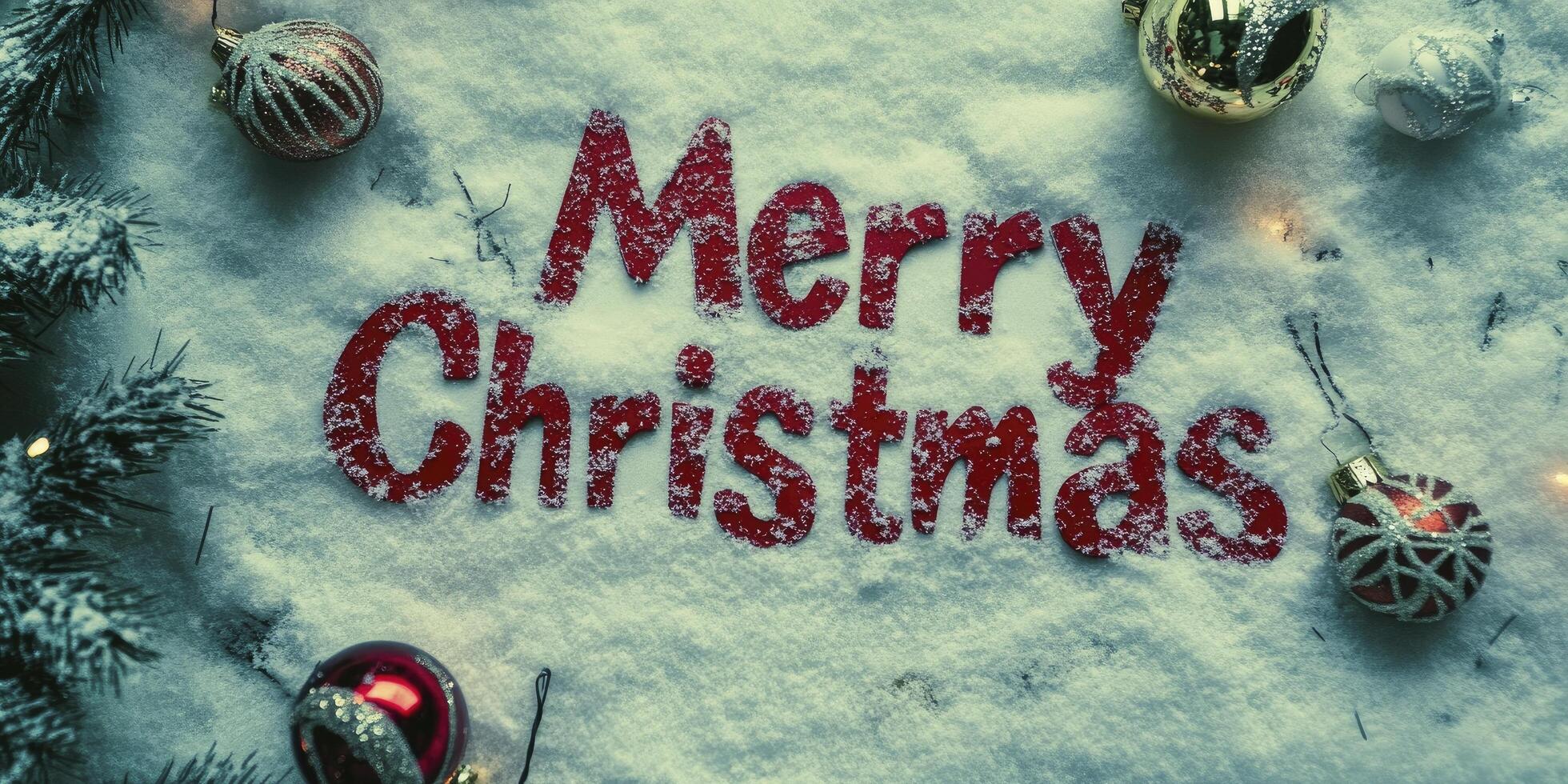 The word Merry Christmas written in red on white snow, with Christmas decorations around it. photo
