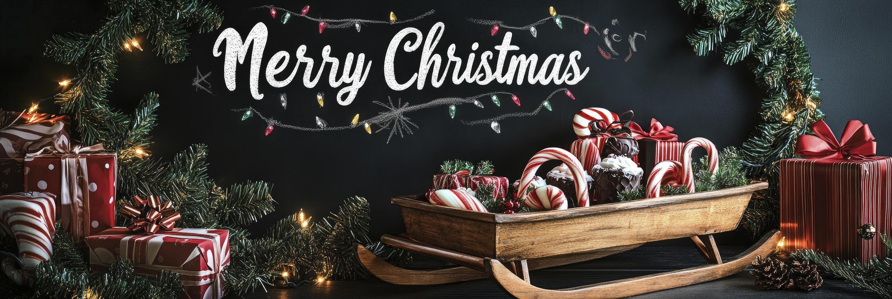 Merry Christmas is written on a blackboard with a Christmas tree photo