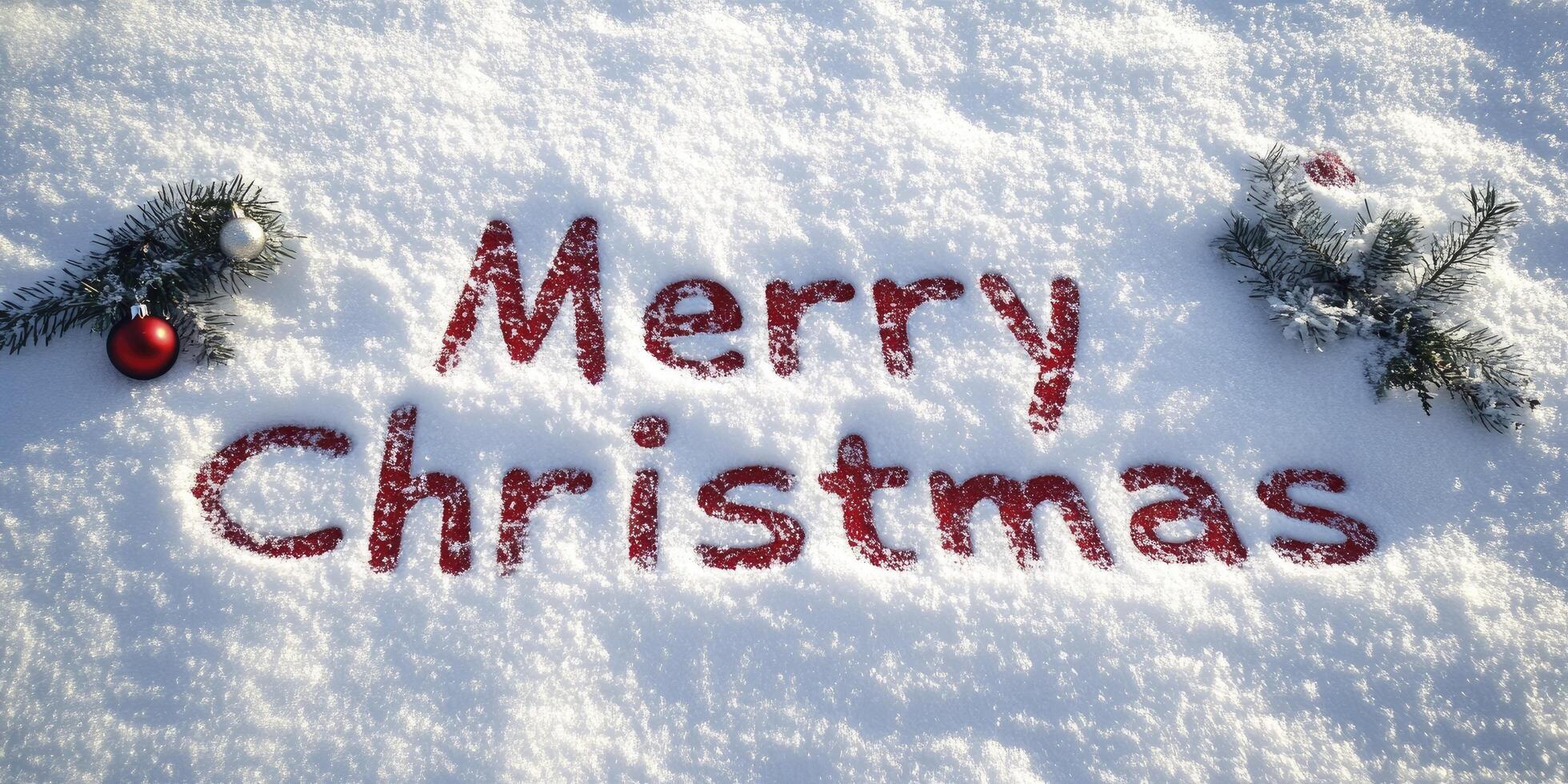 The word Merry Christmas written in red on white snow, with Christmas decorations around it. photo