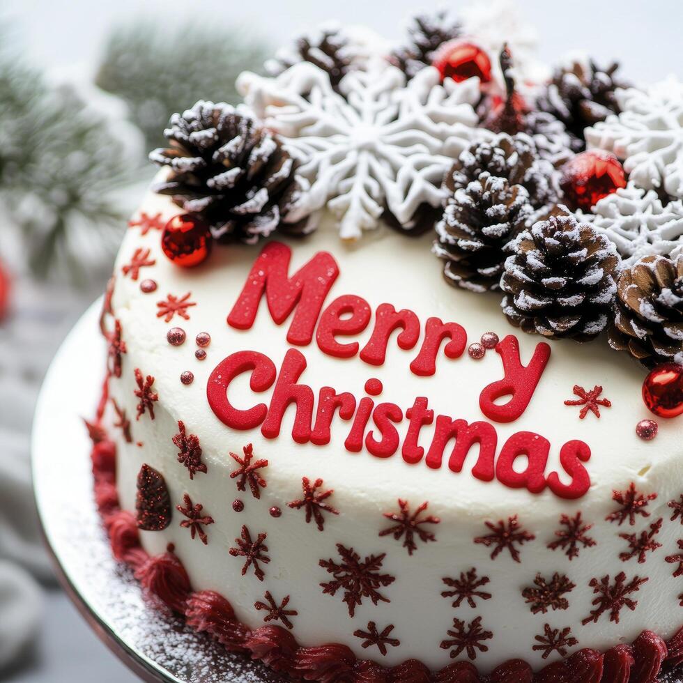 White background, red and white lettering Merry Christmas in the middle of a festive cake decorated with snowflakes and pine cones photo