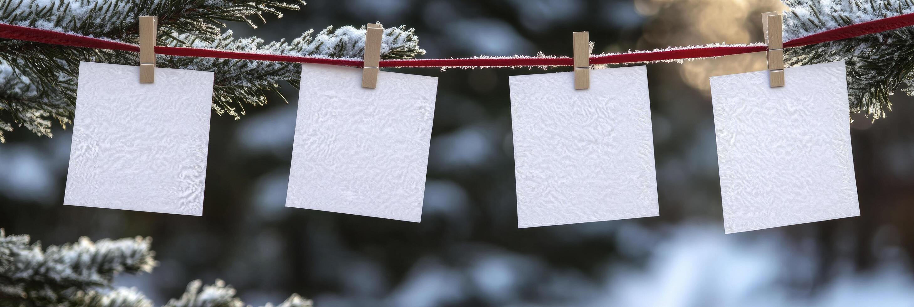 Four white clothespins hanging on a line. The clothespins are empty and the line is red photo