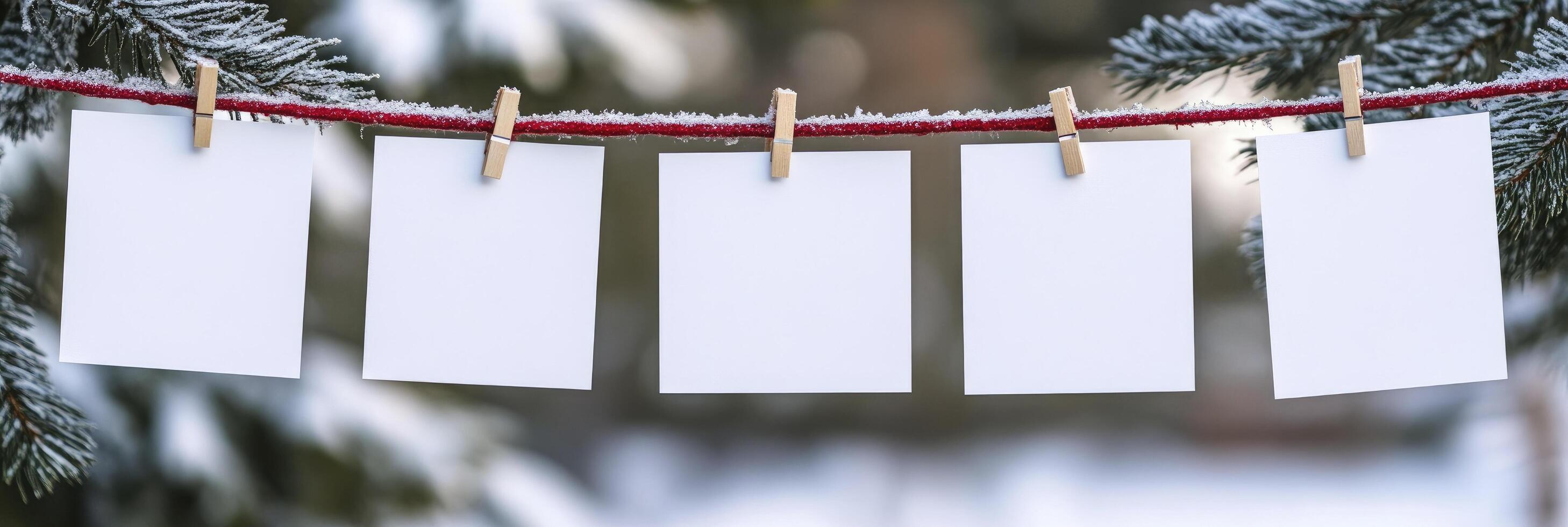 Four white clothespins hanging on a line. The clothespins are empty and the line is red photo