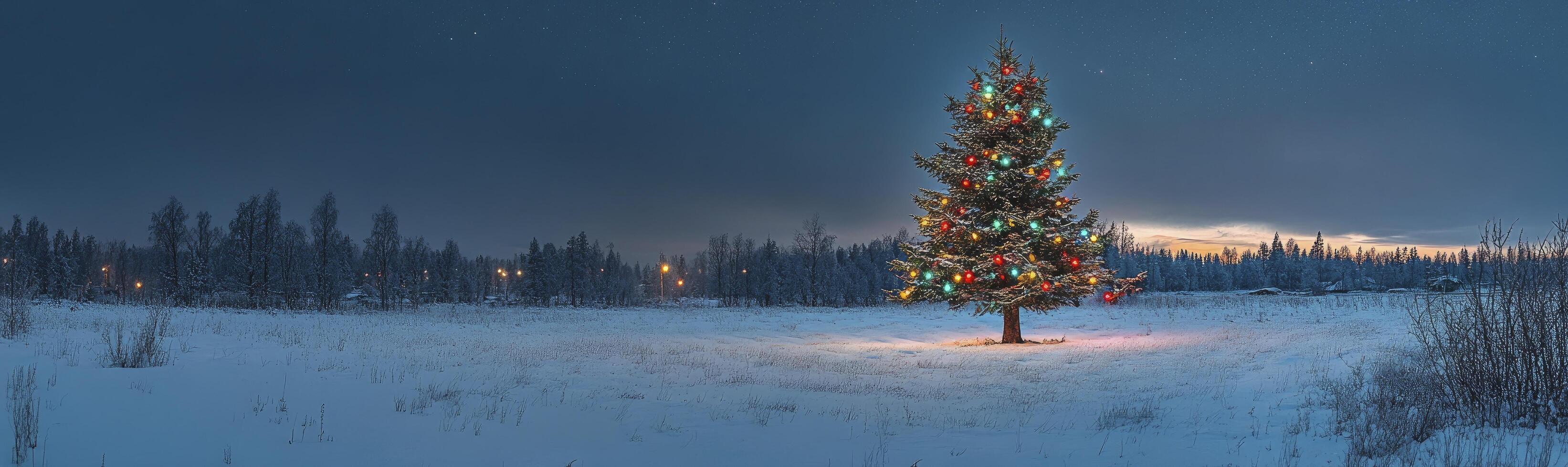 A Christmas tree is lit up in a snowy field photo