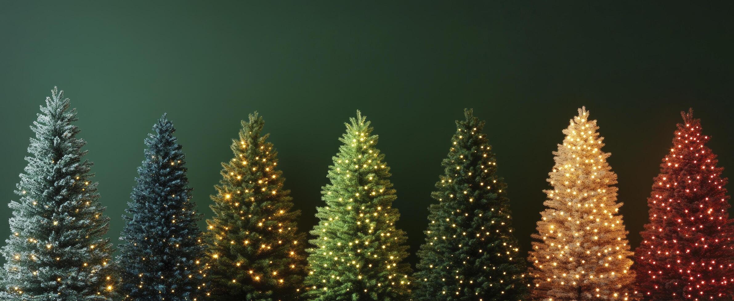 A group of differently colored Christmas trees with lights, festive atmosphere against the green wall. photo