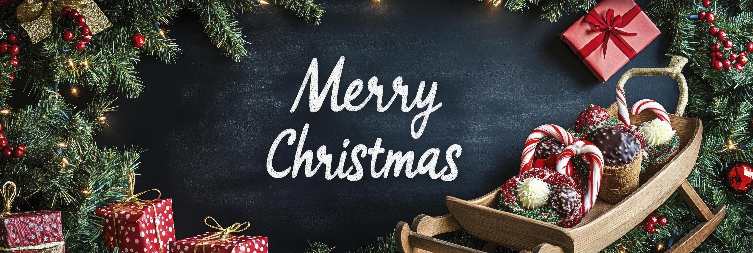 Merry Christmas is written on a blackboard with a Christmas tree photo