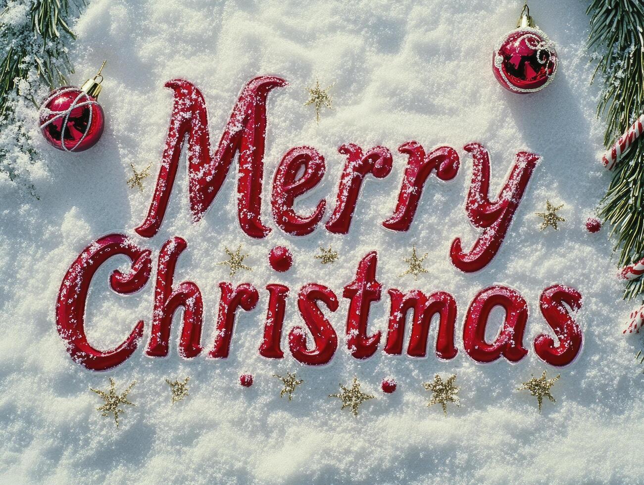 Merry Christmas is written in red letters on a snowy surface photo
