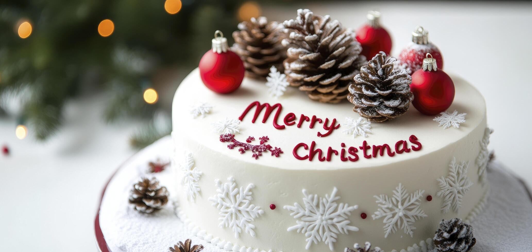 White background, red and white lettering Merry Christmas in the middle of a festive cake decorated with snowflakes and pine cones photo