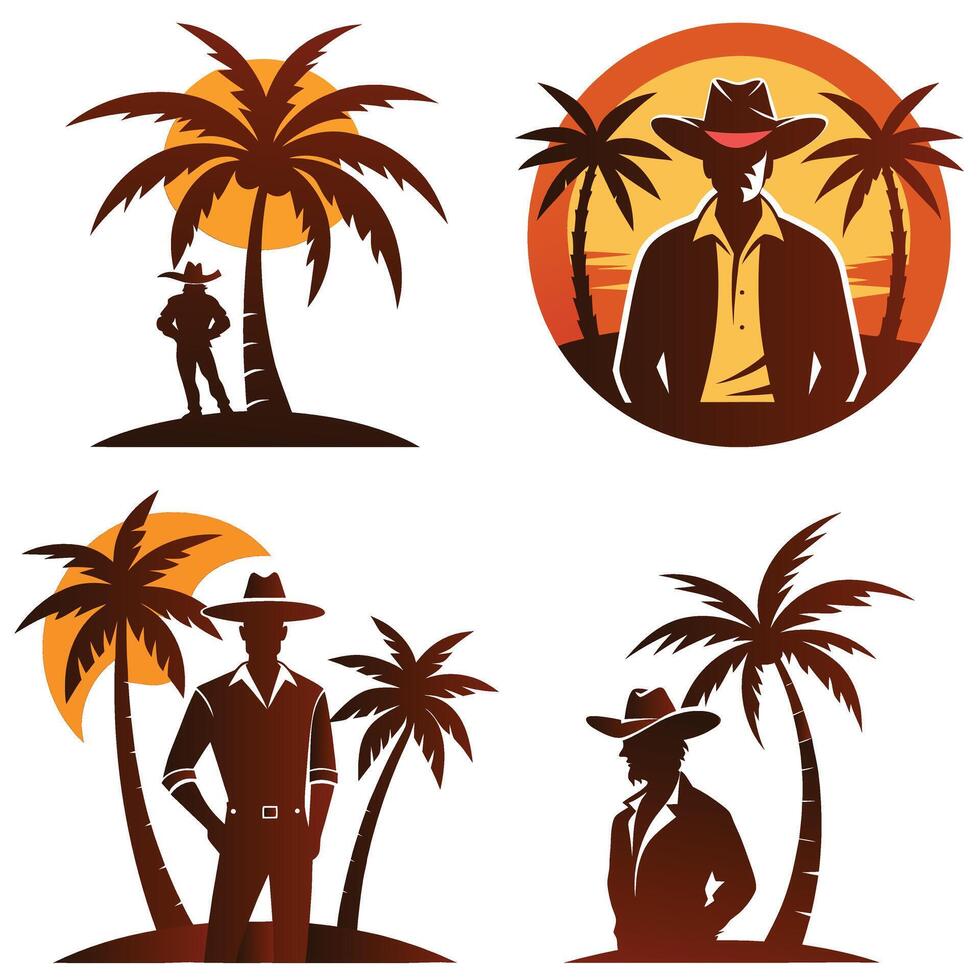 Silhouette of Cowboy on Tropical Island Graphics Collection vector