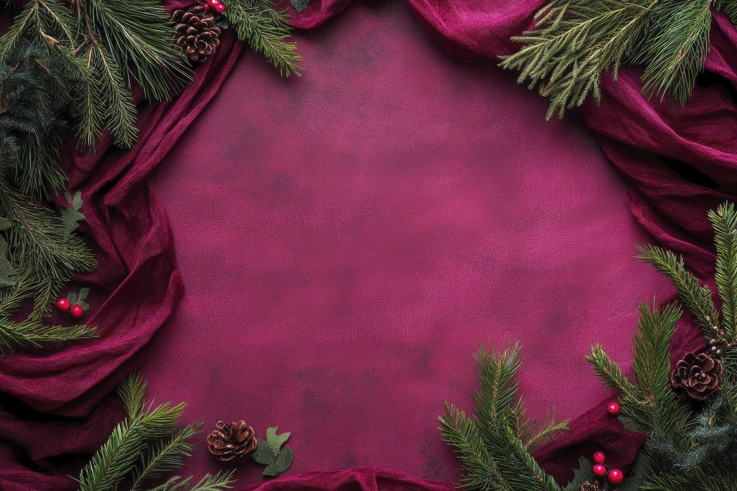 Christmas background with pine branches, red fabric, and decorations. Christmas frame on a dark pink canvas. photo