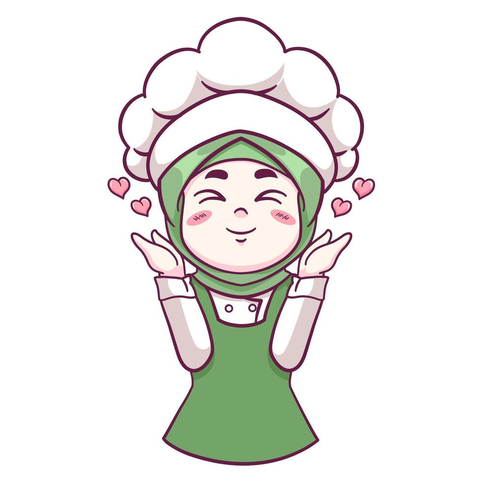 Cute and kawaii muslim female chef wearing hijab with delicious sign cartoon chibi character vector