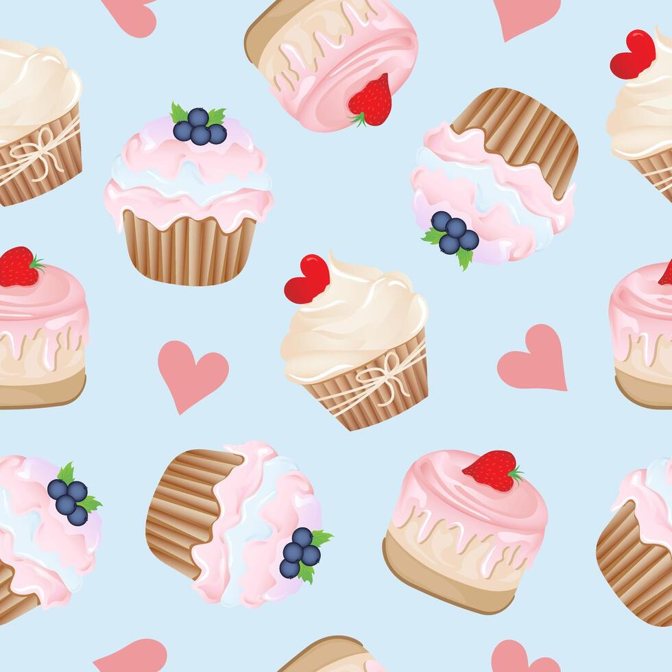 Seamless pattern for kitchen decor and more. Delicious cupcake with whipped cream and blueberry, strawberry, heart. cartoon illustration of sweet food. vector