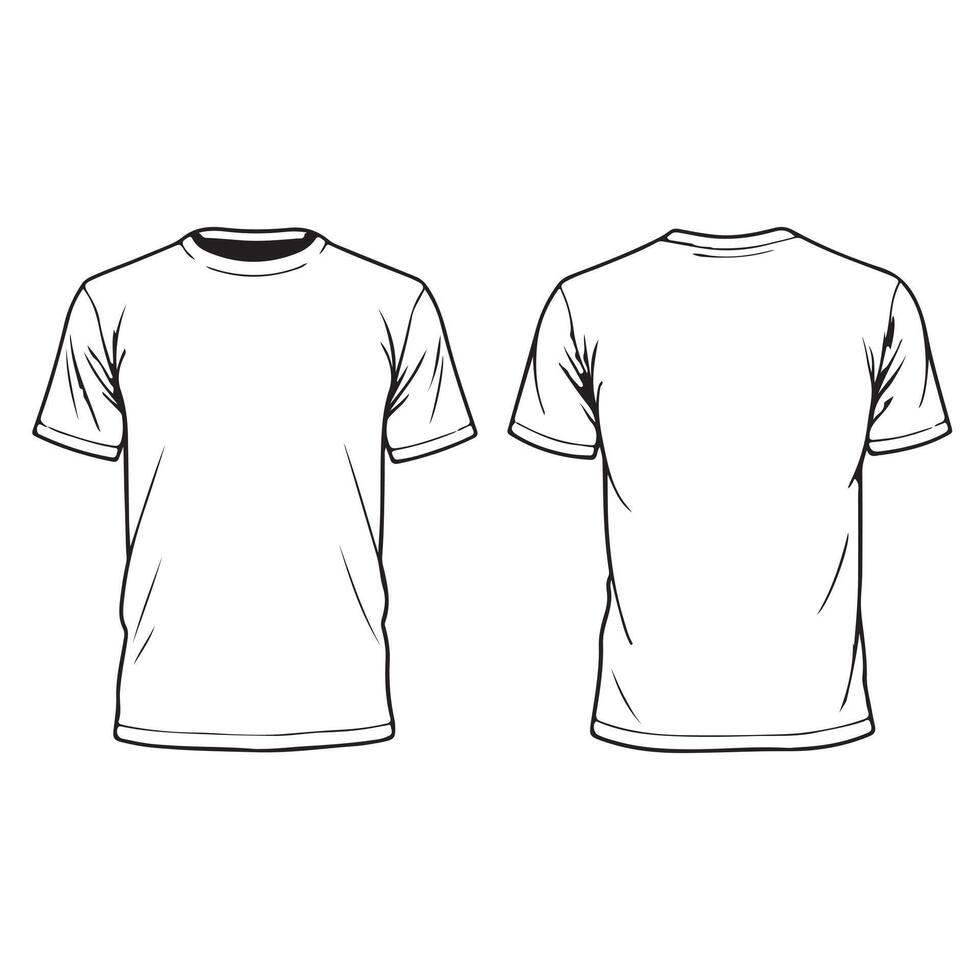 Front and rear side view art illustration outline of men's blank t-shirts vector