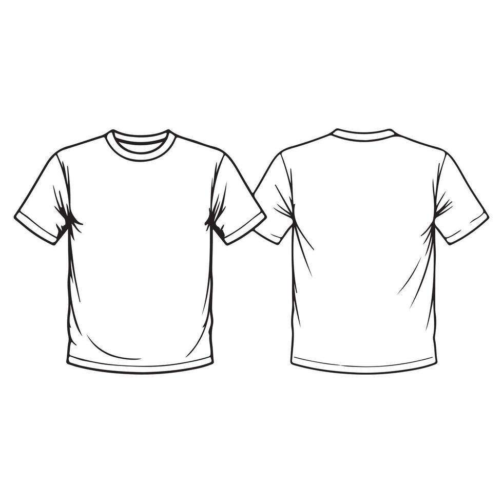 Front and back side view art illustrations of blank t-shirt outline vector