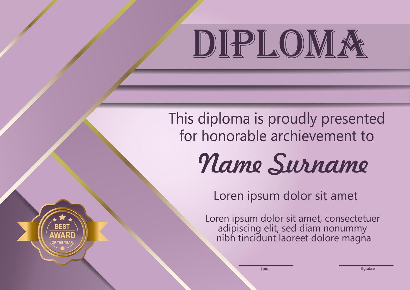 Diploma template in lilac-pink colors with shadows and highlights vector