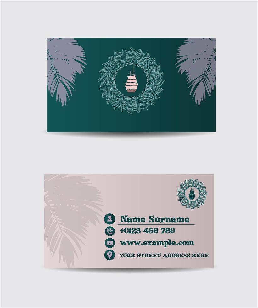 Abstract travel agency business card template on green background with palm leaves and ship vector