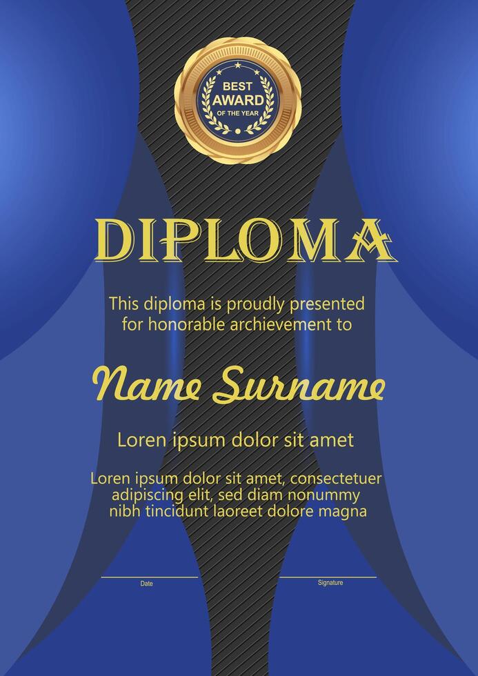 A beautiful certificate in blue and gold tones vector
