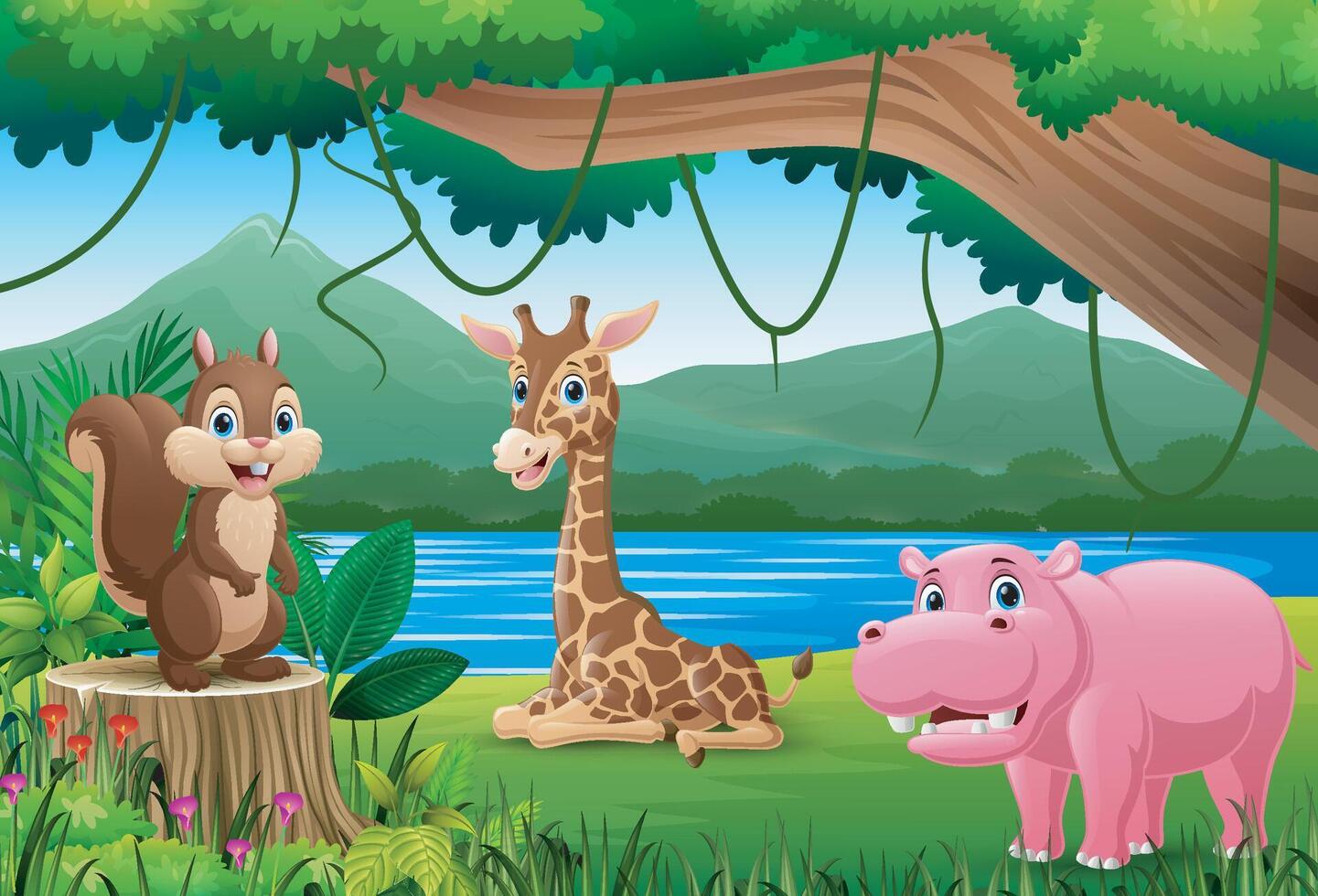 Cute wild animals cartoon in the jungle background vector