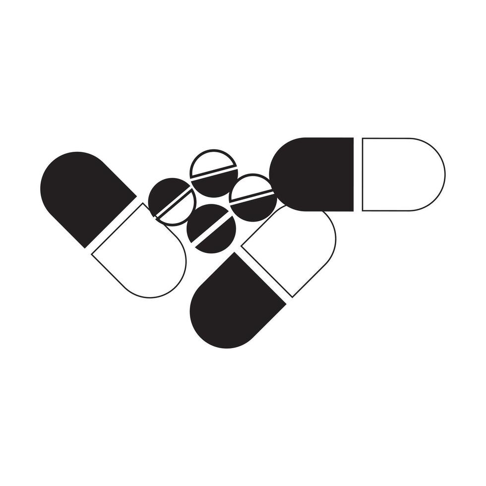 Black and white medical graphic of pills and capsules. vector