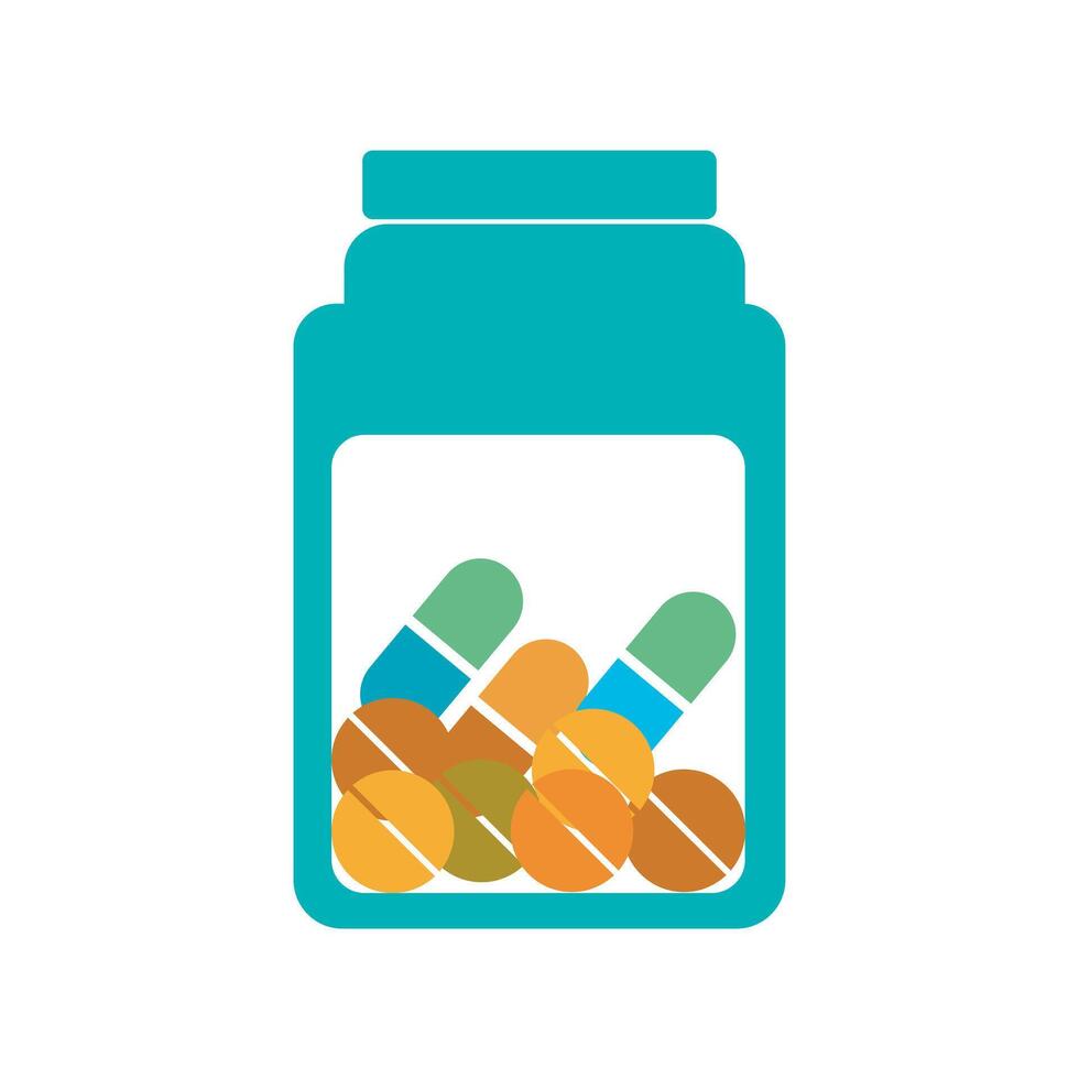 Colorful medicine bottle filled with various pills vector