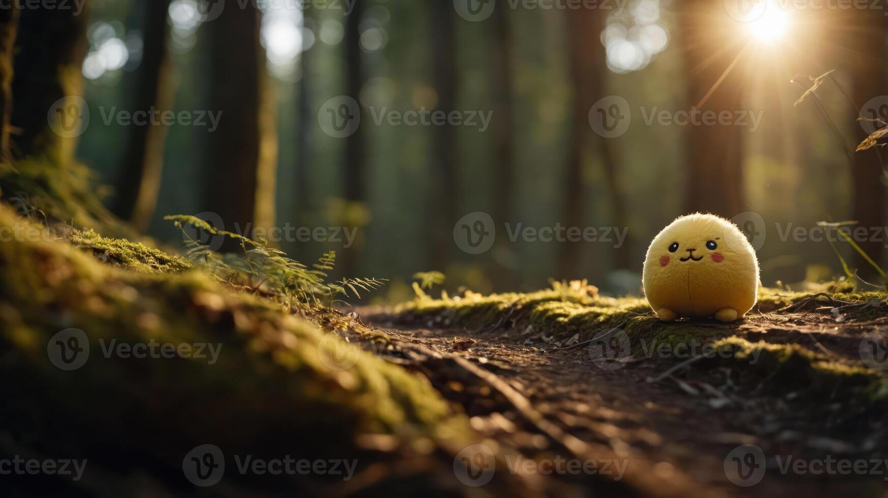 A cute, yellow plush toy sits on a mossy forest path, illuminated by soft sunlight. photo