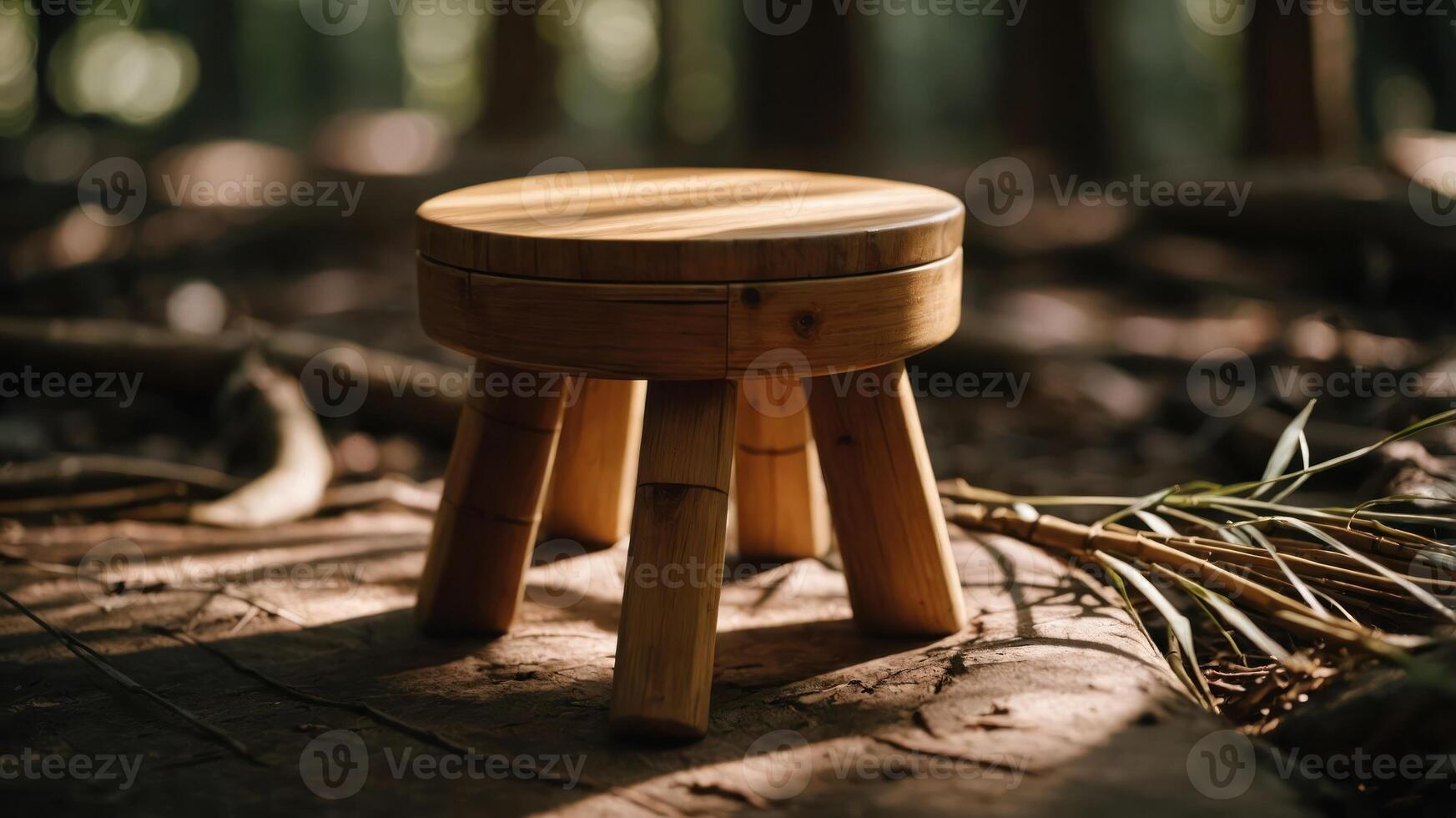 A wooden stool resting on forest ground, surrounded by nature. photo
