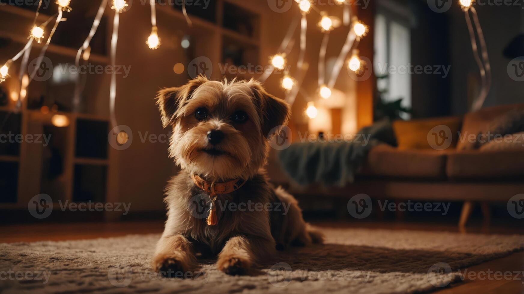 A small dog lying on a cozy rug, surrounded by warm string lights in a dimly lit room. photo