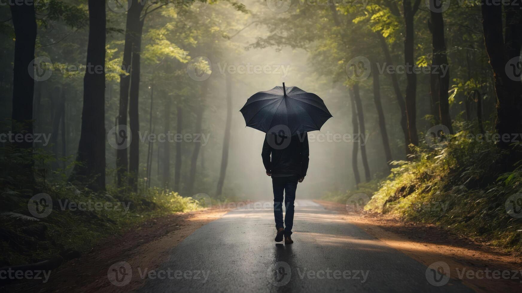 A solitary figure walks down a misty forest path, holding an umbrella amidst lush greenery. photo