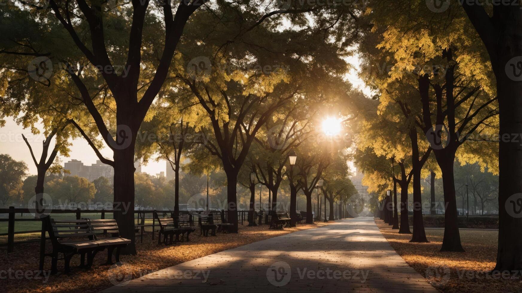 A serene park pathway lined with trees, illuminated by the morning sun. photo