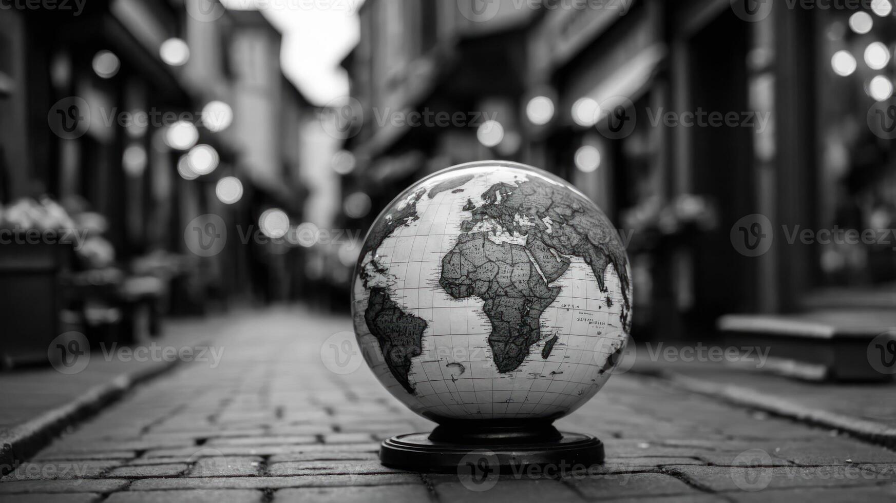 A monochrome globe sits on a cobblestone street, highlighting geography and exploration. photo
