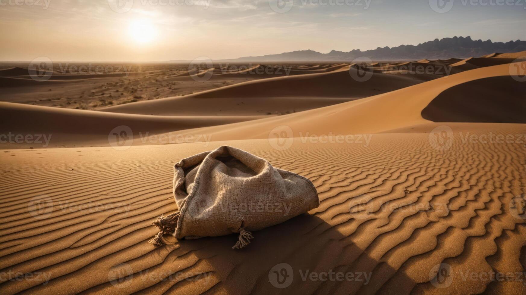 A serene desert landscape with a textured sand dune and a draped cloth in the foreground. photo