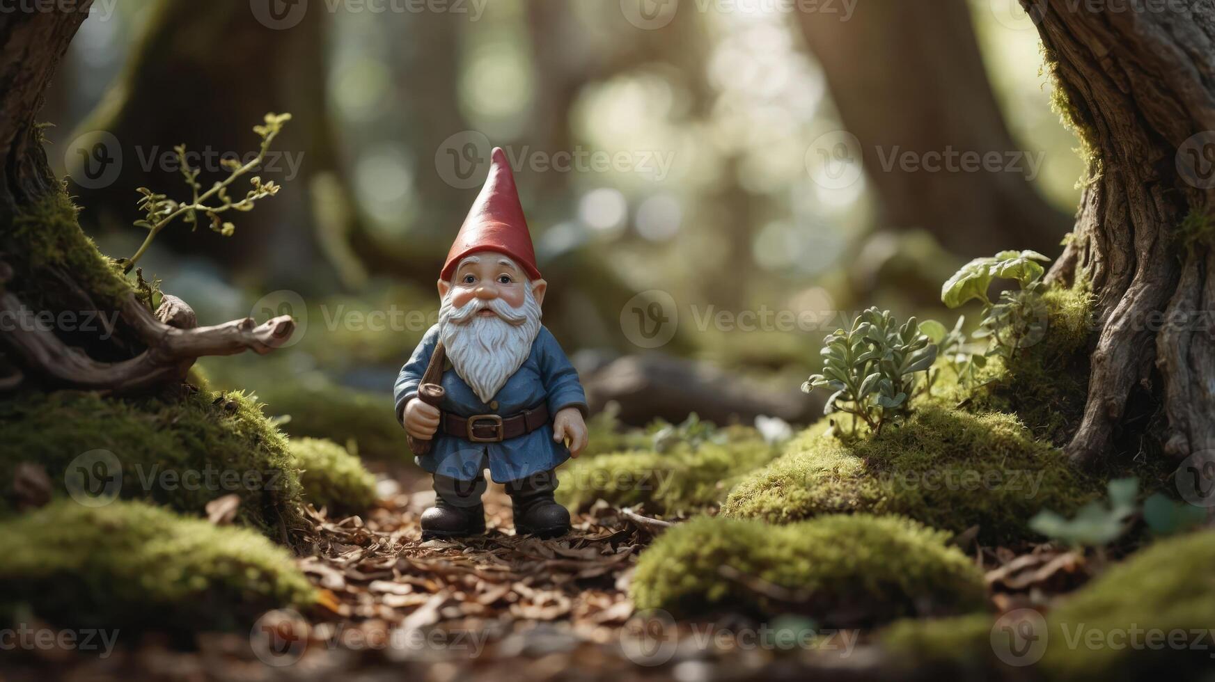 A whimsical garden gnome standing on a mossy forest path, surrounded by nature. photo