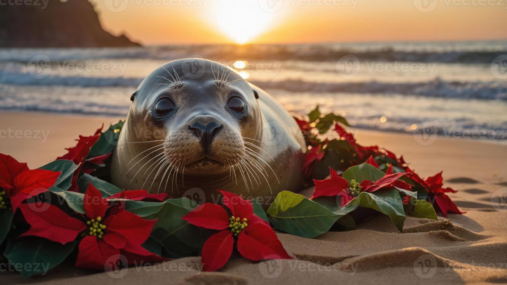 A seal resting on the beach surrounded by festive flowers at sunset. photo