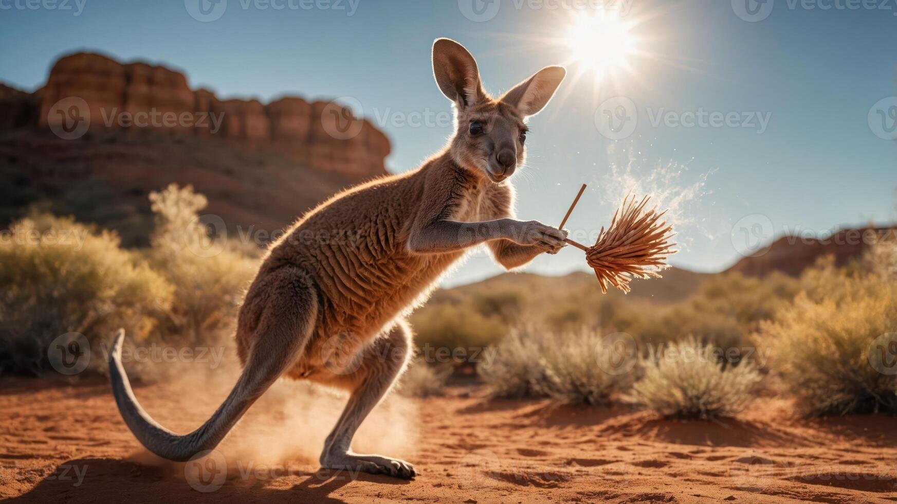 A kangaroo playfully holds a brush in a sunlit desert landscape. photo