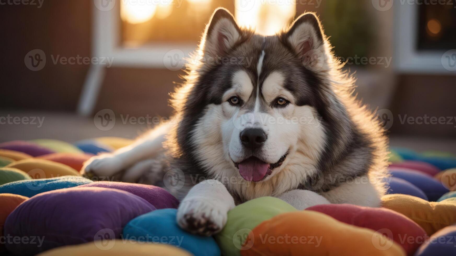 A fluffy dog lounging on a colorful cushion, basking in warm sunlight. photo