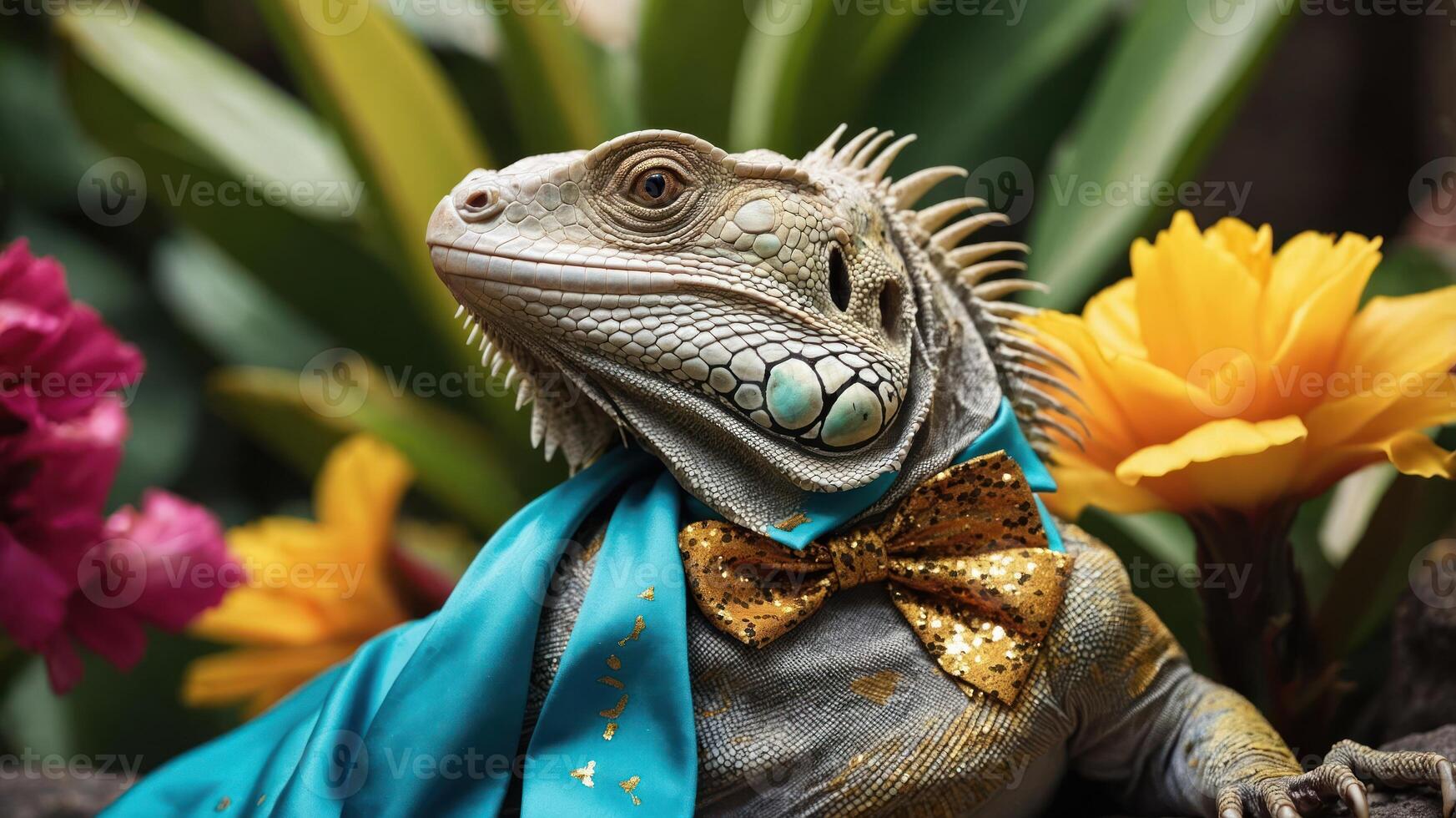 A dressed iguana poses with vibrant flowers, showcasing a playful and creative scene. photo